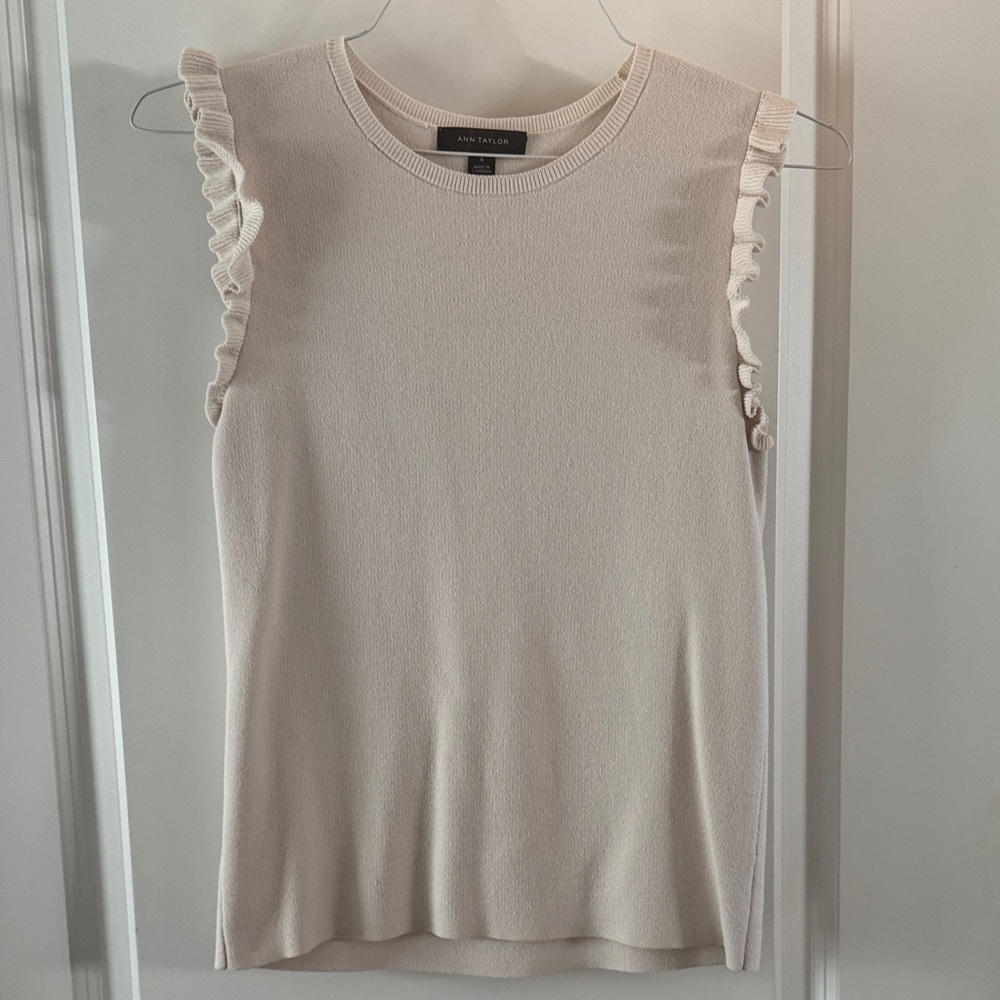 Ann Taylor Cream Sleeveless Ruffle-Trim Knit Shell